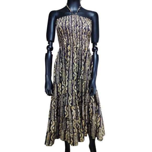 Halter Neck Tie Brown & Cream Strapless Boho Maxi Dress One Size - Picture 1 of 16